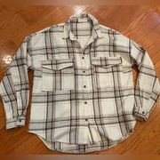 By Together Small Flannel Shirt Plaid Button Up High Low Hemline Beige Tan