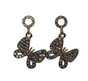 Boutique NWT Gold-Tone Clear Rhinestone Dangle Butterfly Earrings