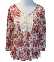 Denim & Supply Ralph Lauren Floral Boho Peasant Crochet Top Shirt Blouse Red Tan