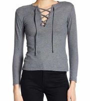 Go Couture Top Medium M Gray Lace Up Cut Pullover Soft Long Sleeve Lounge Cozy