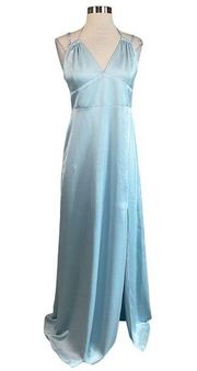 Women's Formal Dress by AQUA Size 10 Blue Satin Cutout Back Thigh Slit Long Gown