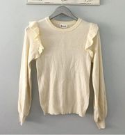 Merci Cream Ruffle Shoulder Ribbed Sweater