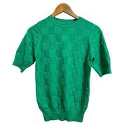 Vine & Love green checkered short sleeve crew neck balloon sweater Small NEW