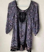 Floral Velvet Purple Black Short Sleeve Silk Blend Top Boho Blouse Sz M