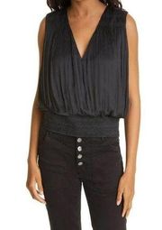 Frame Noir Black Pleated V-Neck Sleeveless Smocked Hem Top Size Small