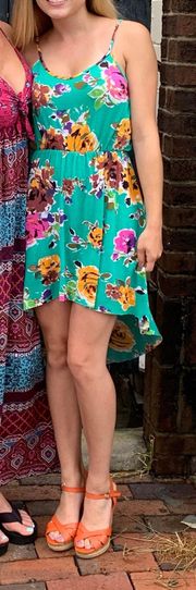 Teal Floral High Low Open Back Dress