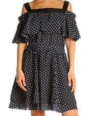 GREY by Jason Wu Navy and White Polka Dot Off Shoulder Ruffle Fit and Flare Dres