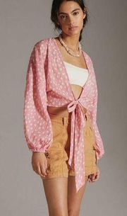 ANTHROPOLOGIE TOP TIE FRONT CROPPED KIMONO ONE SIZE PINK AND WHITE O/S