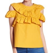 New  Ruffle Cold Shoulder Shirt Cut Out Poplin Top Mustard Yellow