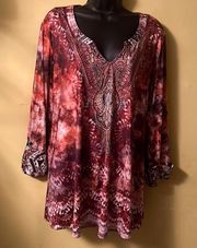 One World 2x print blouse with paisley and gold embellishments/stud design