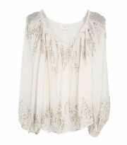 Parker Silk Cream Statement Blouson Sleeve Blouse with Gold Coin Embellishments