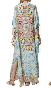 Johnny Was Dandridge Long Caftan Boho Swim Coverup in Aqua Multi Print Size S/M