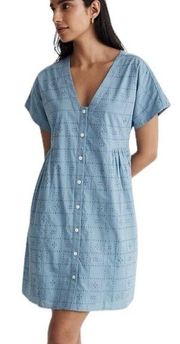 Madewell Cotton Button Front V Neck Mini Dress Blue Size M NWT