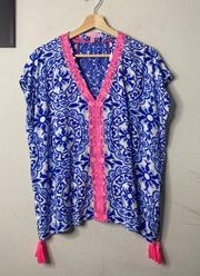 Caftan Sydney Blue Pink Tunic Top w Tassel Size S/M