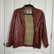 Burberry Vintage  wine red leather bomber jacket size 6 US women’s plaid lining