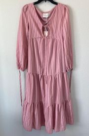 Pink Long Sleeve Tiered Midi Dress