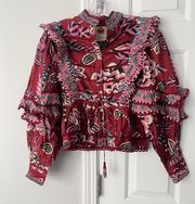 Mock Neck Button Front Ruffled Blouse, Size XXS