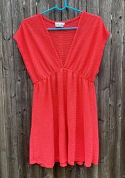 Vneck Empire Waist Crochet Knit Swim Coverup in Red Orange - Large