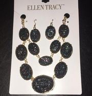 New Ellen Tracy Glittery Necklace Set Blue, Hint  Red