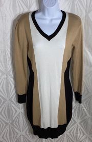 | Tan & Black V Neck Long Sleeve Sweater Dress