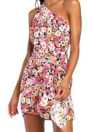 Lulu’s Gorgeous Garden Pink Floral One-Shoulder Faux-Wrap Mini Dress