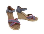 Toms Espadrille Wedge Heels Womens Size 8.5 Blue Pink Trim Summer Sandal Shoe