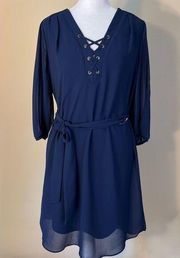 A. Byer Blue Semi Sheer Long Sleeve Strappy V Neck Belted Dress Medium