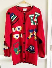 Vintage Susan Bristol Red Wool Christmas holiday Sweater Button Cardigan Size L