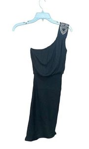 one shoulder black dress with beaded shoulder detail XS