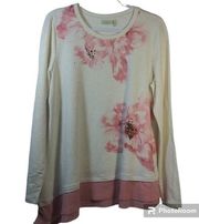 Logo Lounge Gray Pink Floral Asymmetrical Sweatshirt Size M