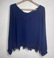 Sweet Journey Lace Top Hem Blouse Size Medium Navy Blue