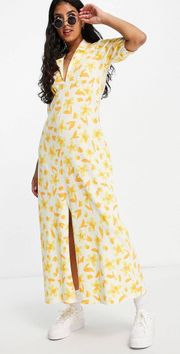 yellow flower print midi dress