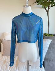 MAGNLENS Cropped Long Sleeve Mesh Top in Blue