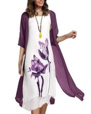 NWT Fashion Mia Gauze Vintage Flower Art Print Dress, White & Plum Size L