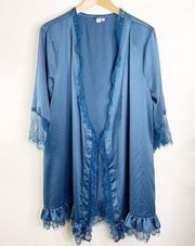 Anthropologie Blue Lace Trim Silky Kimono Robe Size Medium/Large