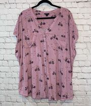 Torrid Pink Floral & Bicycle Button Down Short Sleeve Blouse