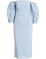 Prose & Poetry Sheila Midi Dress Blue Eyelet 100% Cotton Off the Shoulder Small