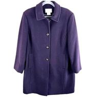 Worthington Wine Plum Purple Long Button Up Collared Wool Pea Coat Large Petite