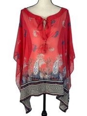 Lane Bryant SZ 18/20 Top Paisley Butterfly Sleeves Keyhole V-Neck Semi-Sheer Red