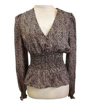 BB Dakota Black and Pink Cheetah Print Peplum Bottom Long Sleeve Blouse Size M