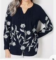 J.Jill   Navy Blue White Embroidered Floral Button Front Long Sleeve Size Large