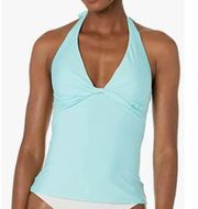 DKNY Solid Twist Front Halter Swim Bikini Tankini Top Light Blue Large NWT