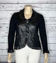 Caprice NWT Sz XL Black Rayon Knit - Leather Lamb Skin Ruffle Button Down Jacket