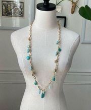Chicos Gold Tone Chain Turquoise Bead Strand Fashion Necklace 42”