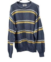 Vintage Christian Dior Blue, Yellow & White Striped Knit Pullover Sweater Size L