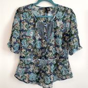 Fire Los Angeles Blue Green floral blouse peplum top ~ 3/4 sleeve ~ size small