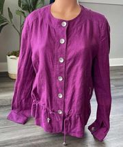 Ellen Tracy 100% Linen Pink Purple Button Front Cinch Jacket 10 Pockets A12