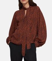 Theory  Blouson Sleeve Scarf Neck Silk Blouse in Rust Multi Color | S