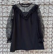 Betsey Johnson Jeweled Ruffled Gothic Sheer Polka Dot Long Sleeve Black Dress