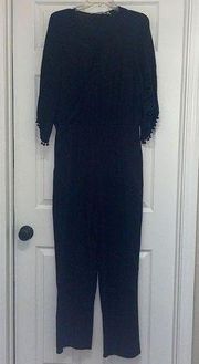 Soft Surroundings Black Patterned Jumpsuit with Cut out Sleeves & Pom Pom Trim